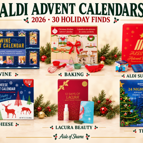 Six ALDI Advent calendars in an elegant holiday collage: wine, Christmas Kitchen baking, ALDI Super Fan, cheese, Lacura beauty and Barissimo tea.
