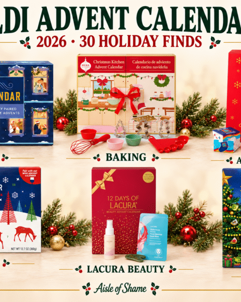 Six ALDI Advent calendars in an elegant holiday collage: wine, Christmas Kitchen baking, ALDI Super Fan, cheese, Lacura beauty and Barissimo tea.