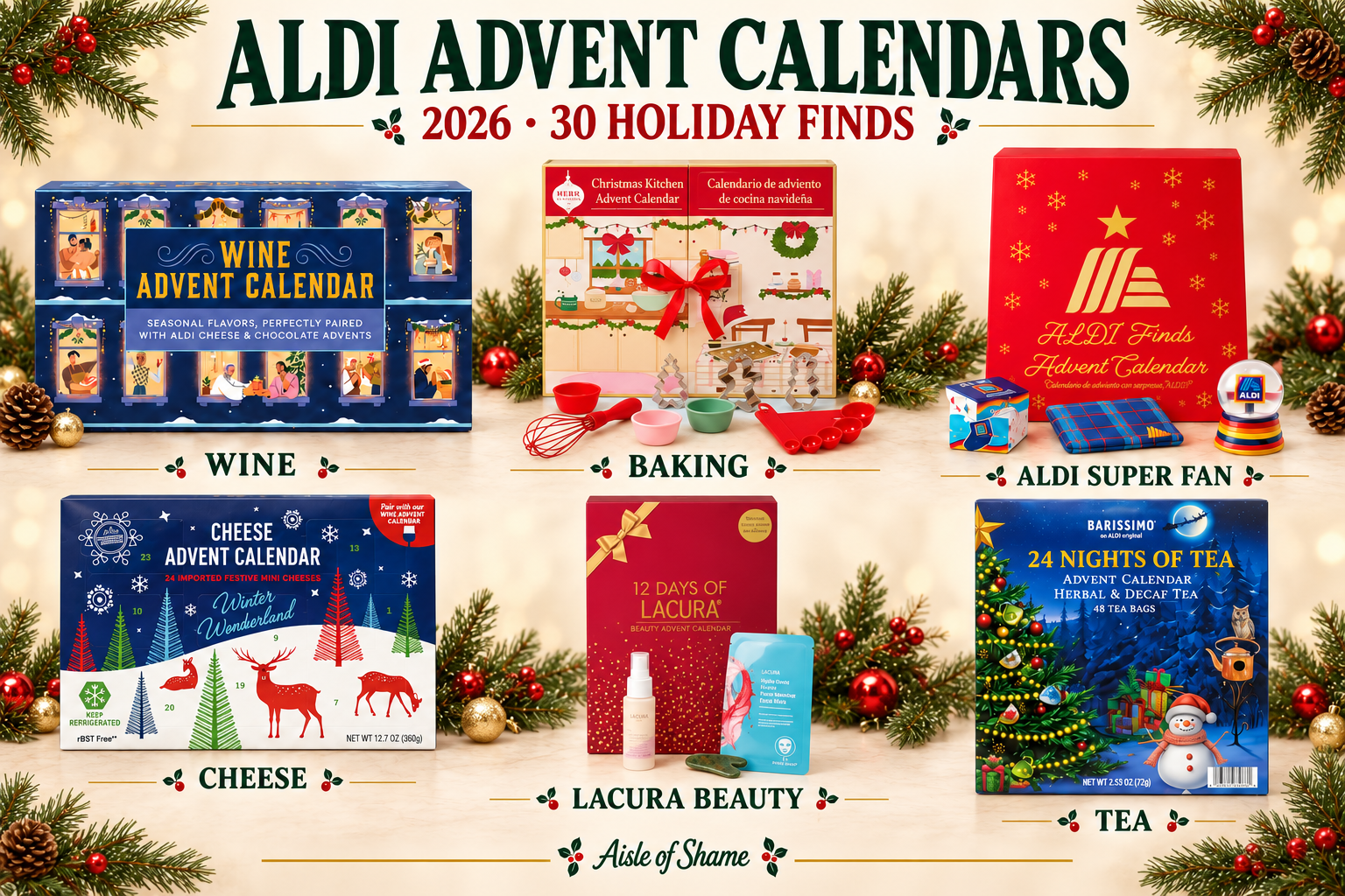 Six ALDI Advent calendars in an elegant holiday collage: wine, Christmas Kitchen baking, ALDI Super Fan, cheese, Lacura beauty and Barissimo tea.