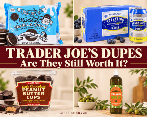 Trader Joe’s dupes editorial cover: cookies, sparkling water, peanut butter cups and olive oil