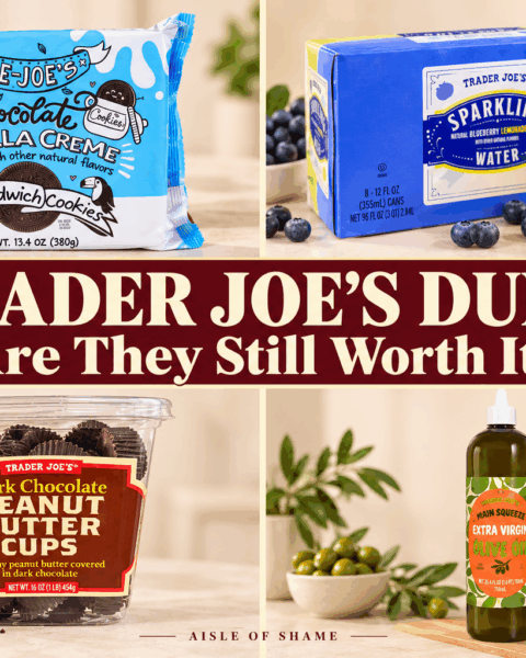 Trader Joe’s dupes editorial cover: cookies, sparkling water, peanut butter cups and olive oil