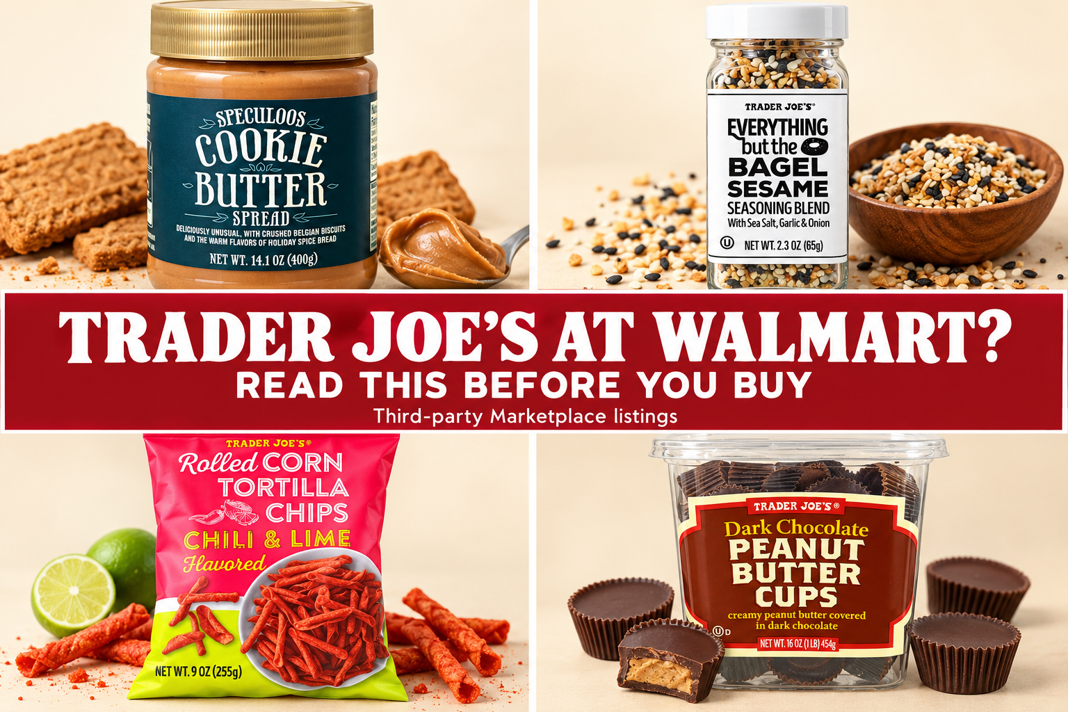 Editorial collage: Trader Joe’s products listed through third-party Walmart Marketplace sellers