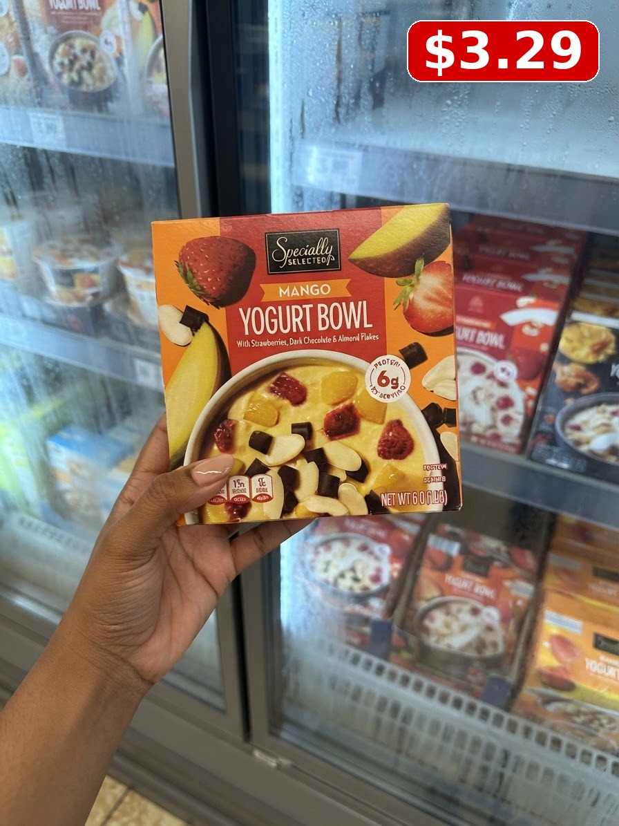 ALDI Mango Yogurt Bowl with Strawberries, Dark Chocolate & Almond Flakes