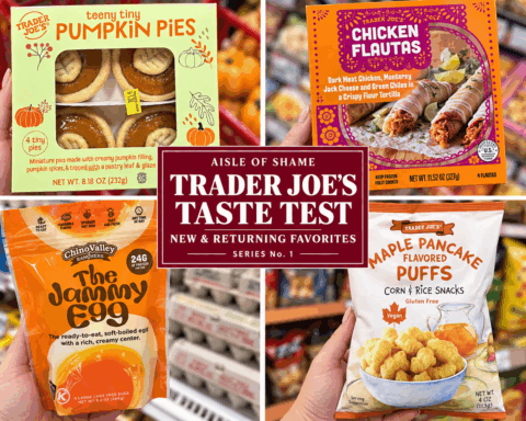 Trader Joe’s taste-test series cover with pumpkin pies, chicken flautas, jammy eggs, and maple pancake puffs